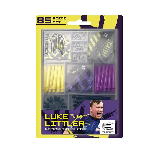Packaged dart accessories set with Luke Littler on the label against a white background
