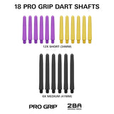 18 Pro Grip Dart Shafts with purple, yellow, and black colors on a white background.