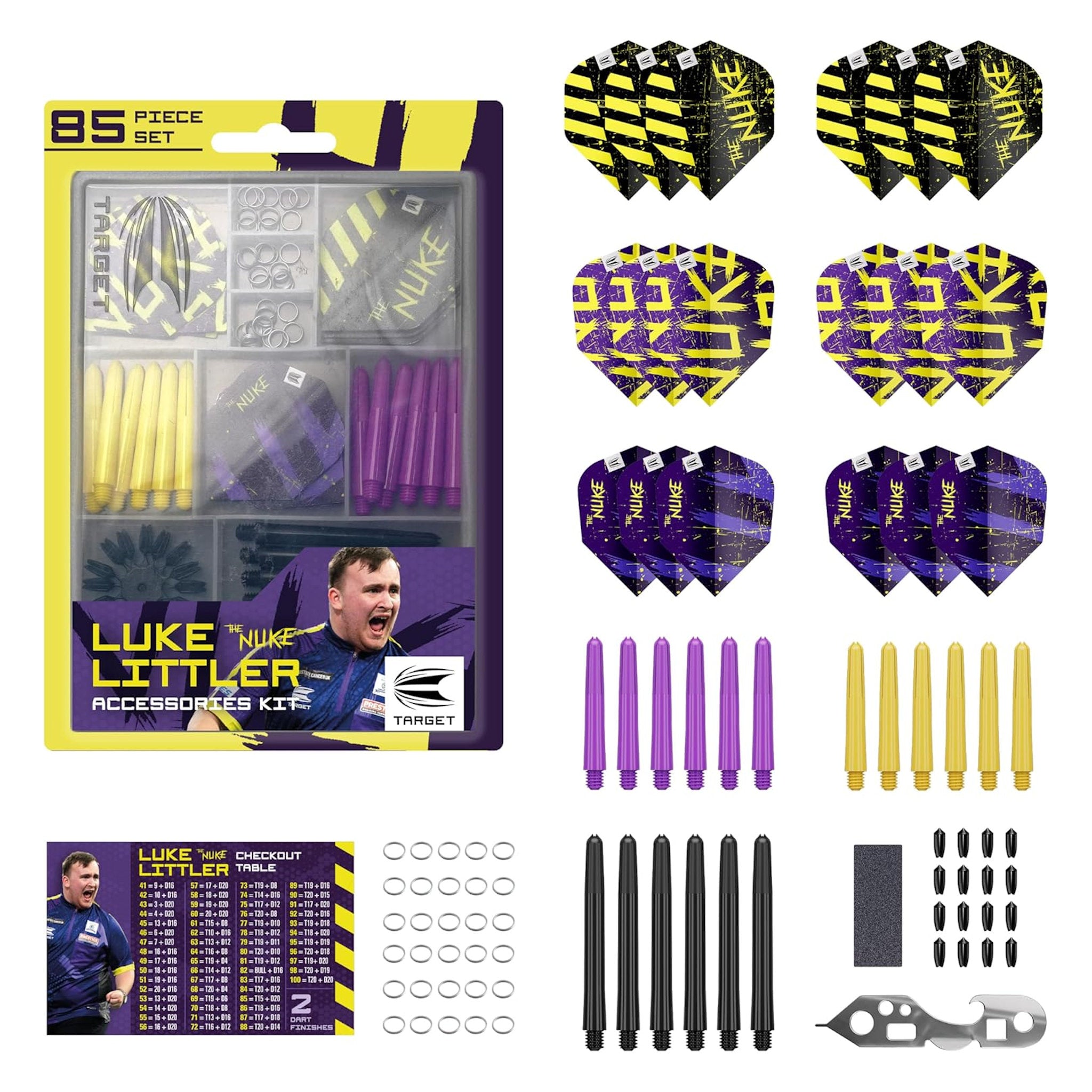 Luke Little accessories 85-piece kit with darts, flights, and other components on a white background