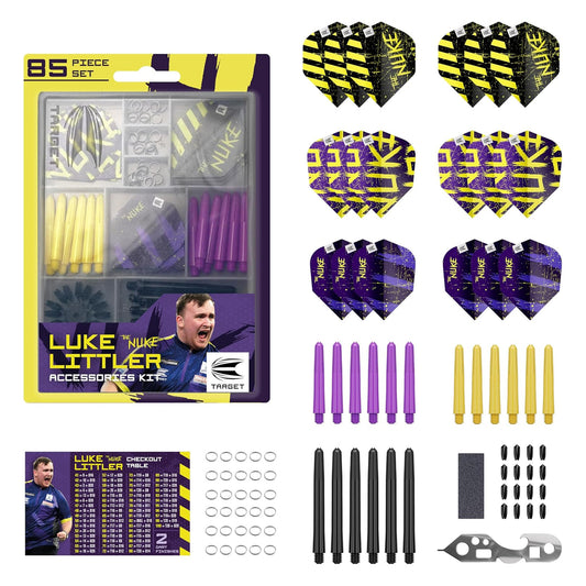 Luke Little accessories 85-piece kit with darts, flights, and other components on a white background