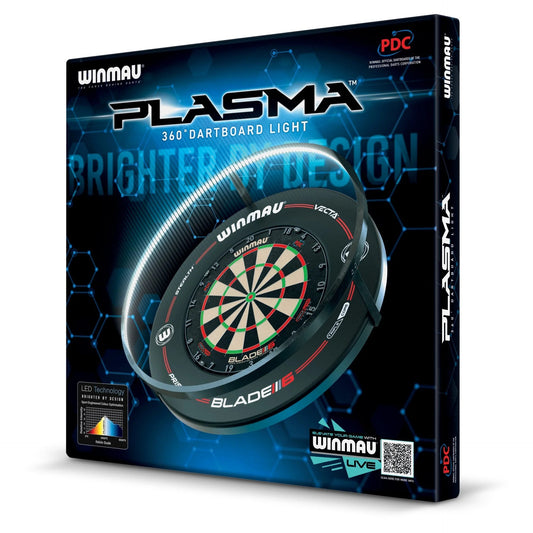 Winmau Plasma Light & ProLine Surround Bundle packaging with dartboard illustration on a white background