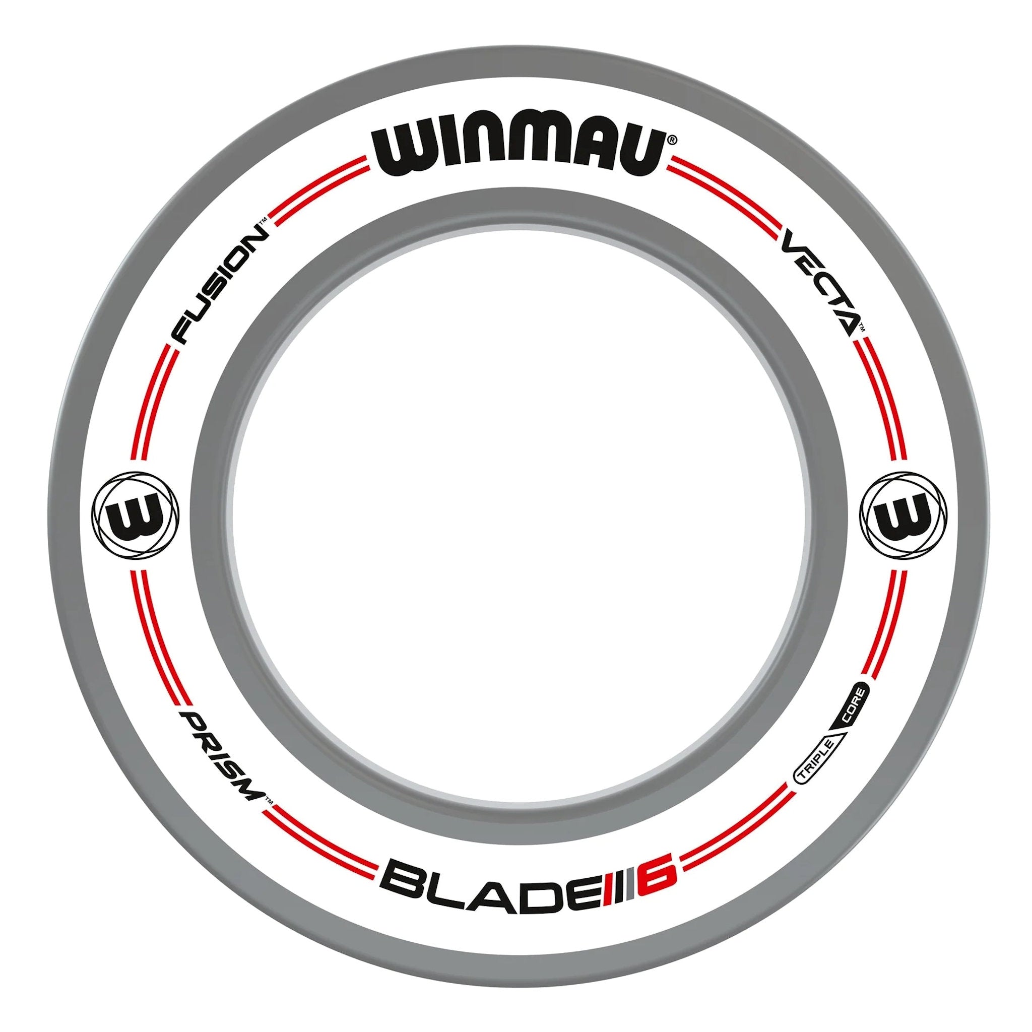 Proline white and grey surround design with Winmau branding and product names on a white background