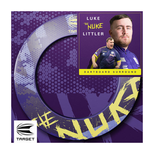 Purple dartboard surround box with Luke Littler and 'The Nuke' branding on a white background