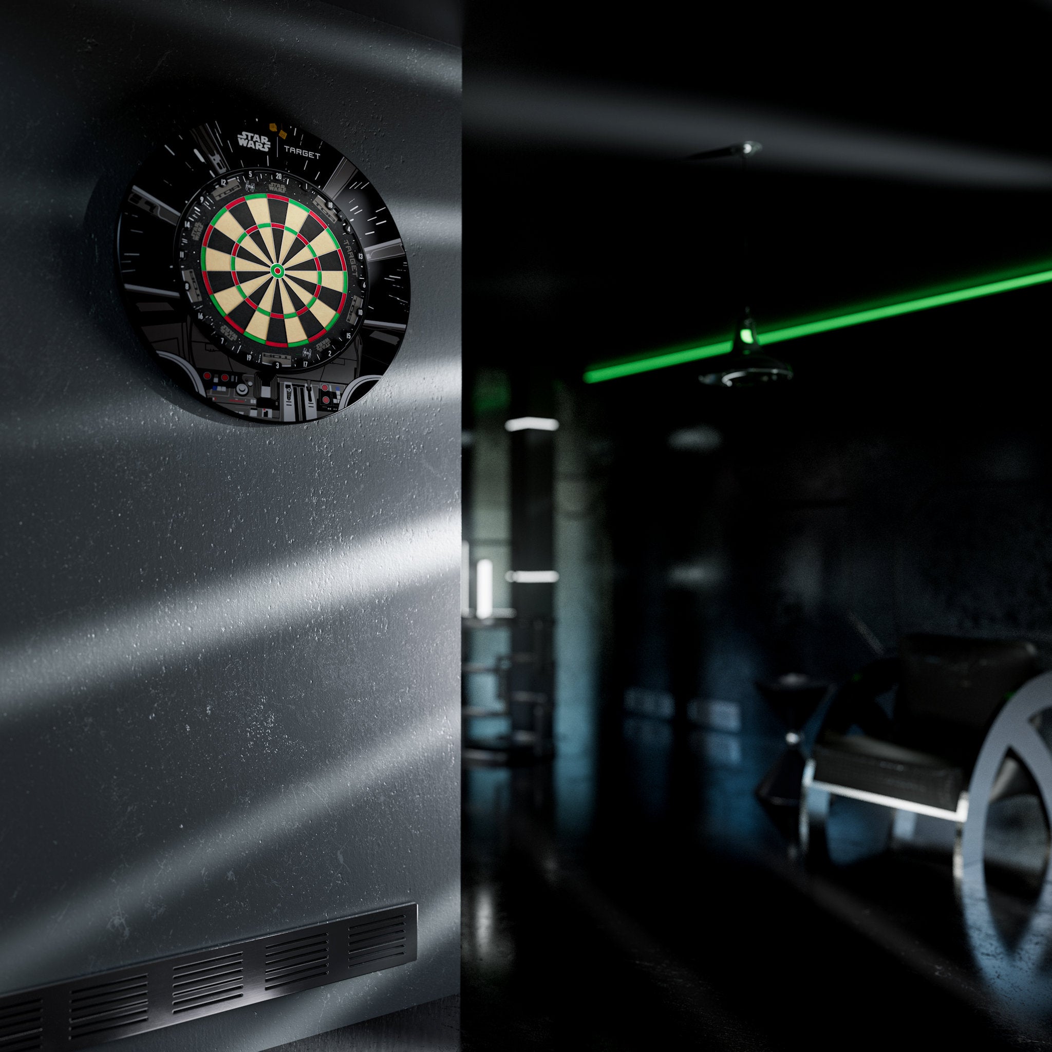 Dartboard on a wall with a dark room and green light in the background