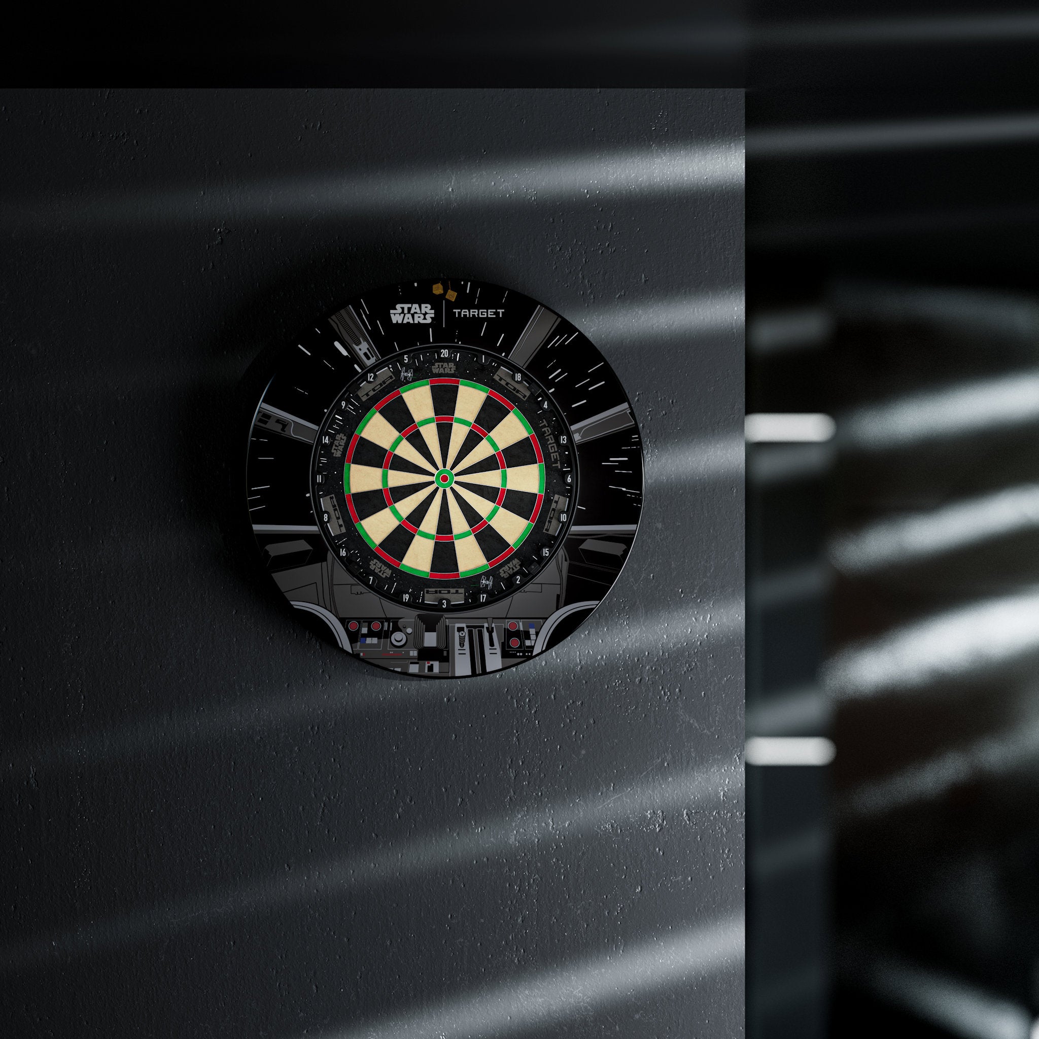 Dartboard with a black frame on a dark background