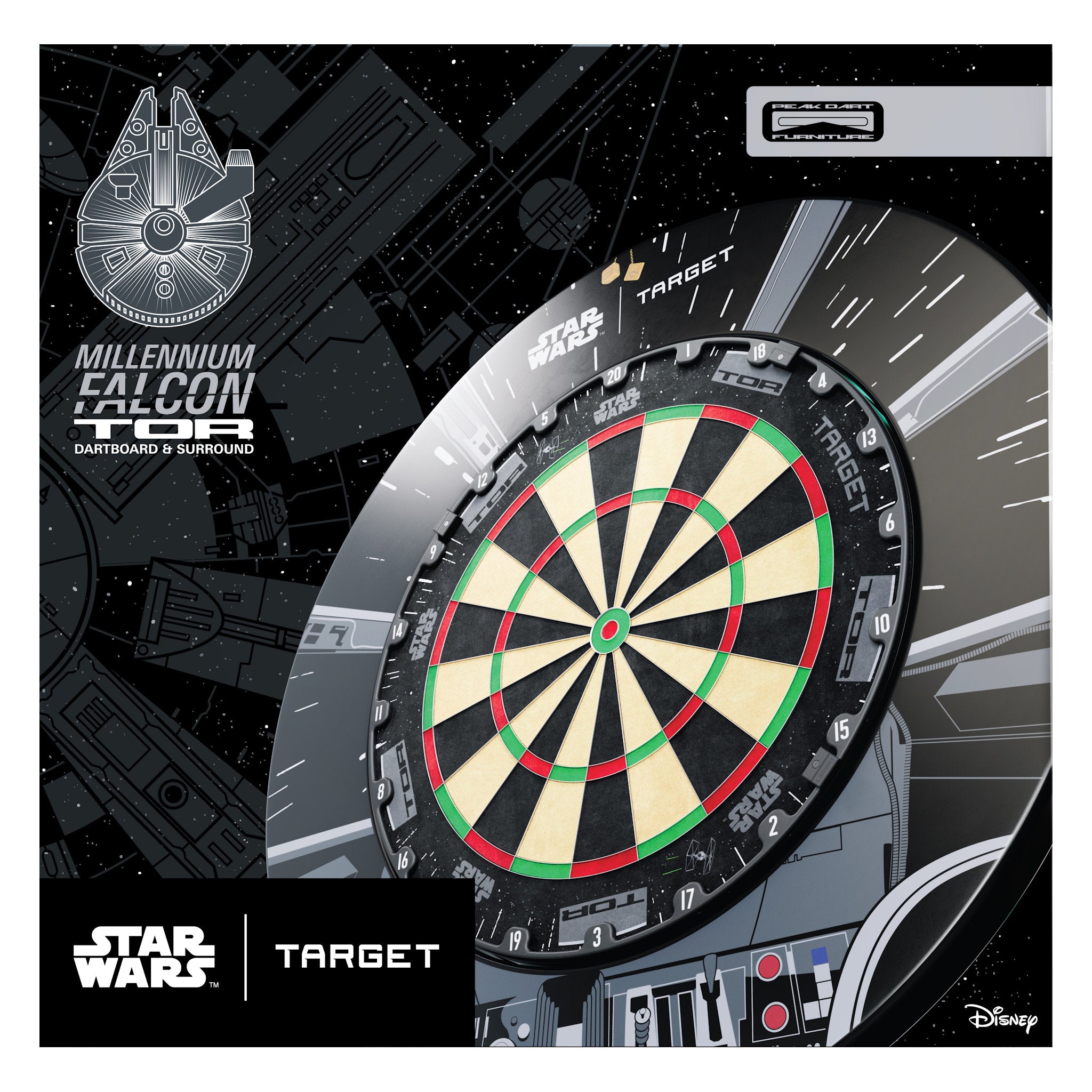 Dartboard with Millennium Falcon design on a Target branded background