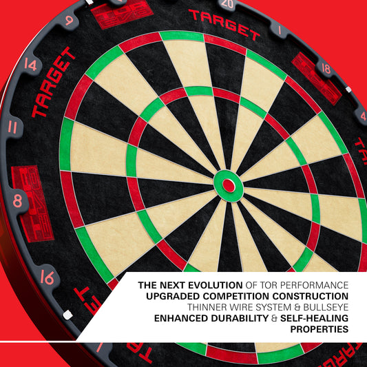 A close-up of Target TOR EVO Dartboard with a white text banner at the bottom reading 'THE NEXT EVOLUTION OF TOR PERFORMANCE UPGRADED COMPETITION CONSTRUCTION THINNER WIRE SYSTEM & BULLSEYE ENHANCED DURABILITY & SELF-HEALING PROPERTIES.' The board is shown against a bright red background.