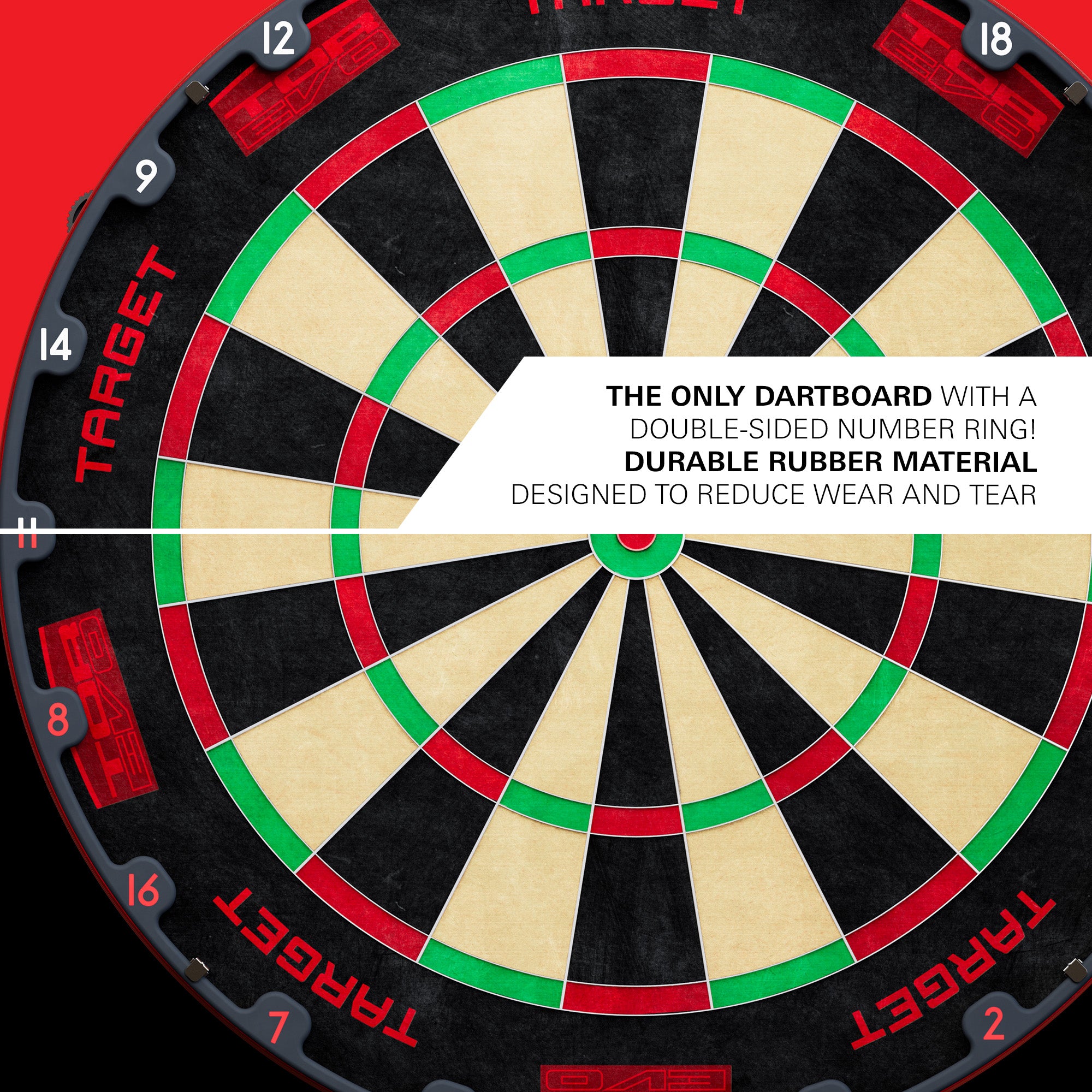 A close-up of Target TOR EVO Dartboard with black, beige, red, and green scoring sections and a white text banner across the center. The board is shown against a red background with no people or real environment visible.