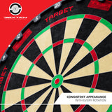 A close-up of Target TOR EVO Dartboard with visible branding for TOR EVO Symmetrical Graphics. The board features black, beige, green, and red segments, with a red background and promotional text at the bottom right.