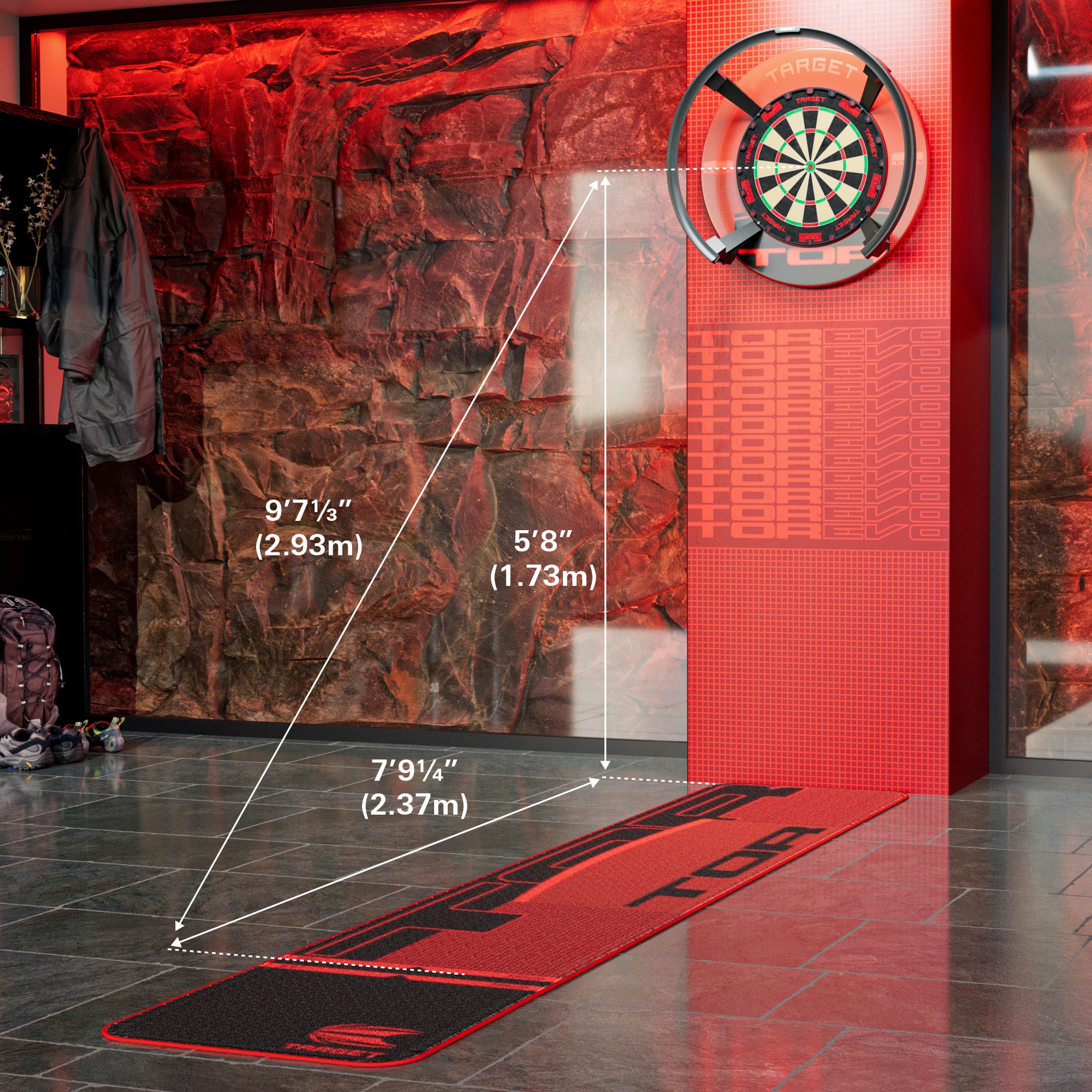 A dartboard with a red target mat on a tiled floor in a room with a red stone wall and dartboard wall. White dimension lines and text show measurements of 9'7\" (2.