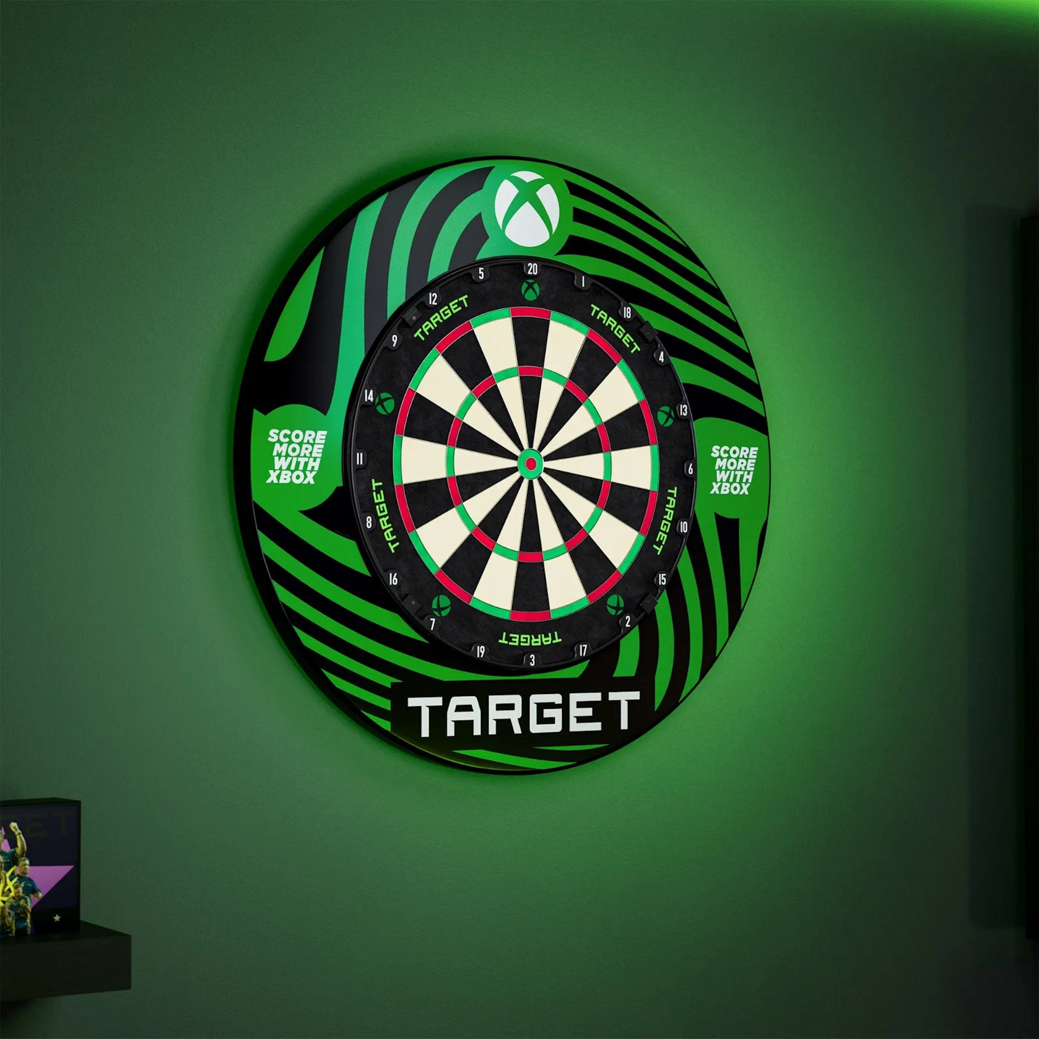 XBOX Surround and TOR Dartboard Bundle with green and black design on a green wall