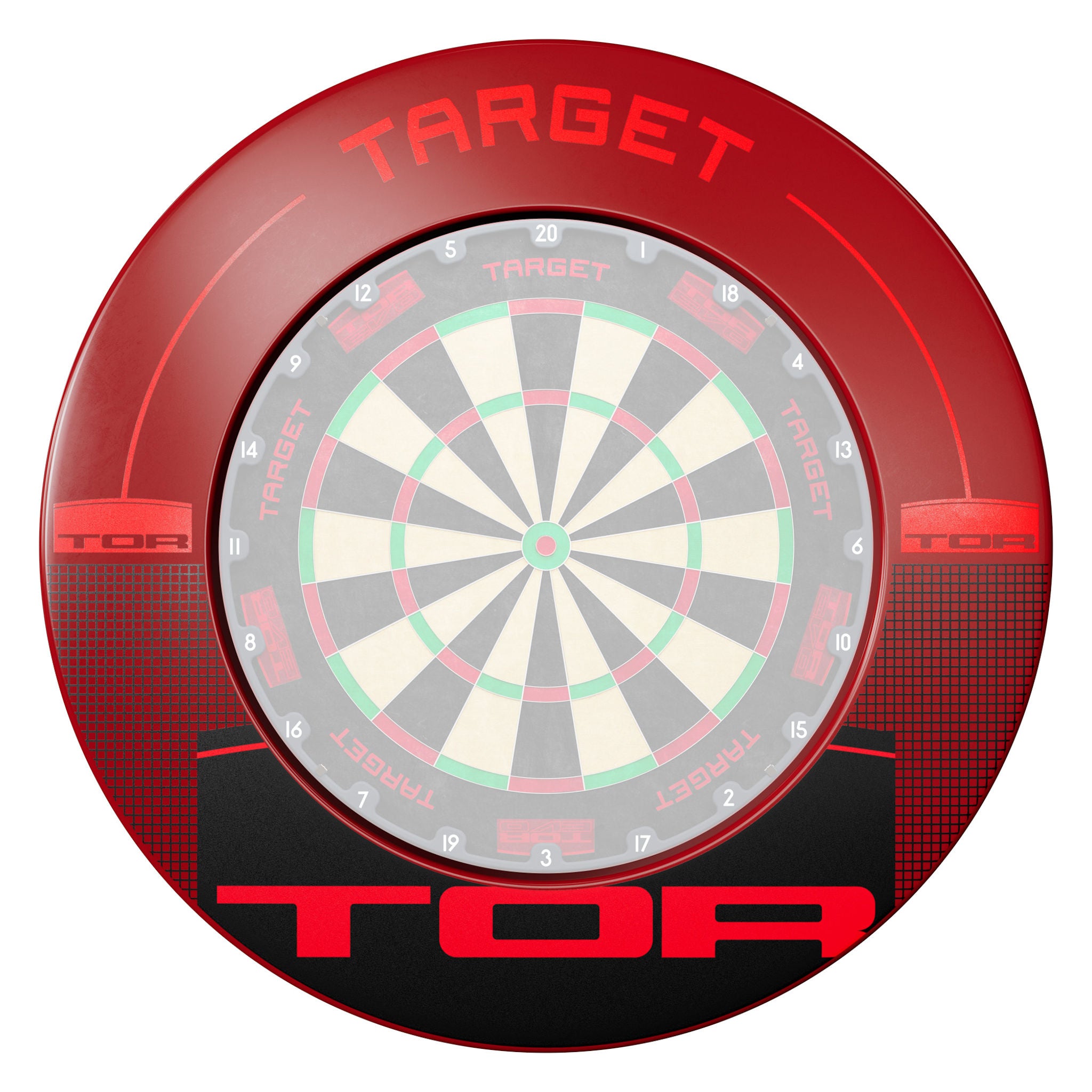 Target TOR Red Surround featuring the brand name 'TOR' and the word 'TARGET' in red. The dartboard itself has gray, cream, and red scoring sections with a green center.