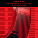 A close-up promotional graphic of a red and black curved product surface with a grid texture and the partial brand text 'TOR' visible. Large red text at the top reads 'SELF-HEALING REFLEX POLYMER PREVENTS DART PUNCTURE MARKS' on a black background.