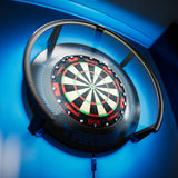 Target Corona Vision LED Notched surround backlit blue LED light showing with TOR dartboard and Corona Vision 2 light