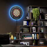 Target Corona Vision LED Notched surround backlit blue LED light shown in room setting.