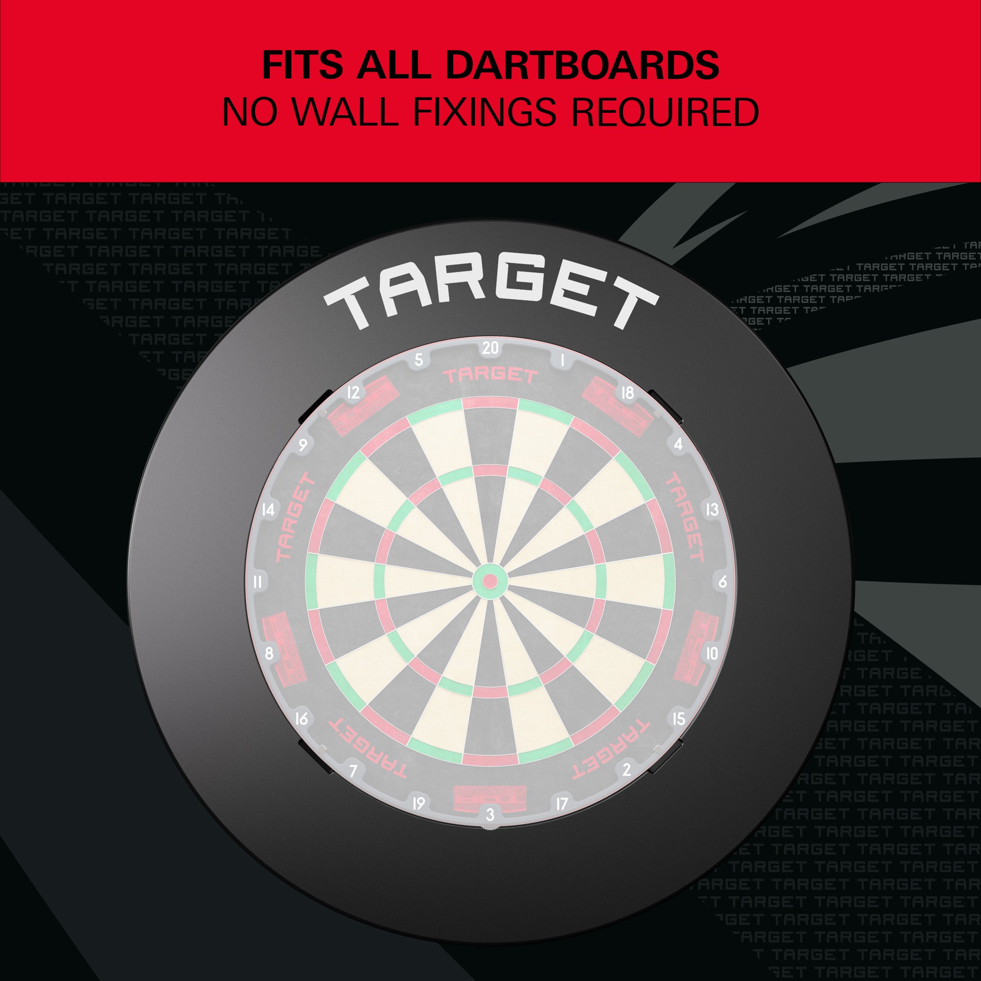 Target Black Notched Surround showing is around dartboard and no wall fixings required