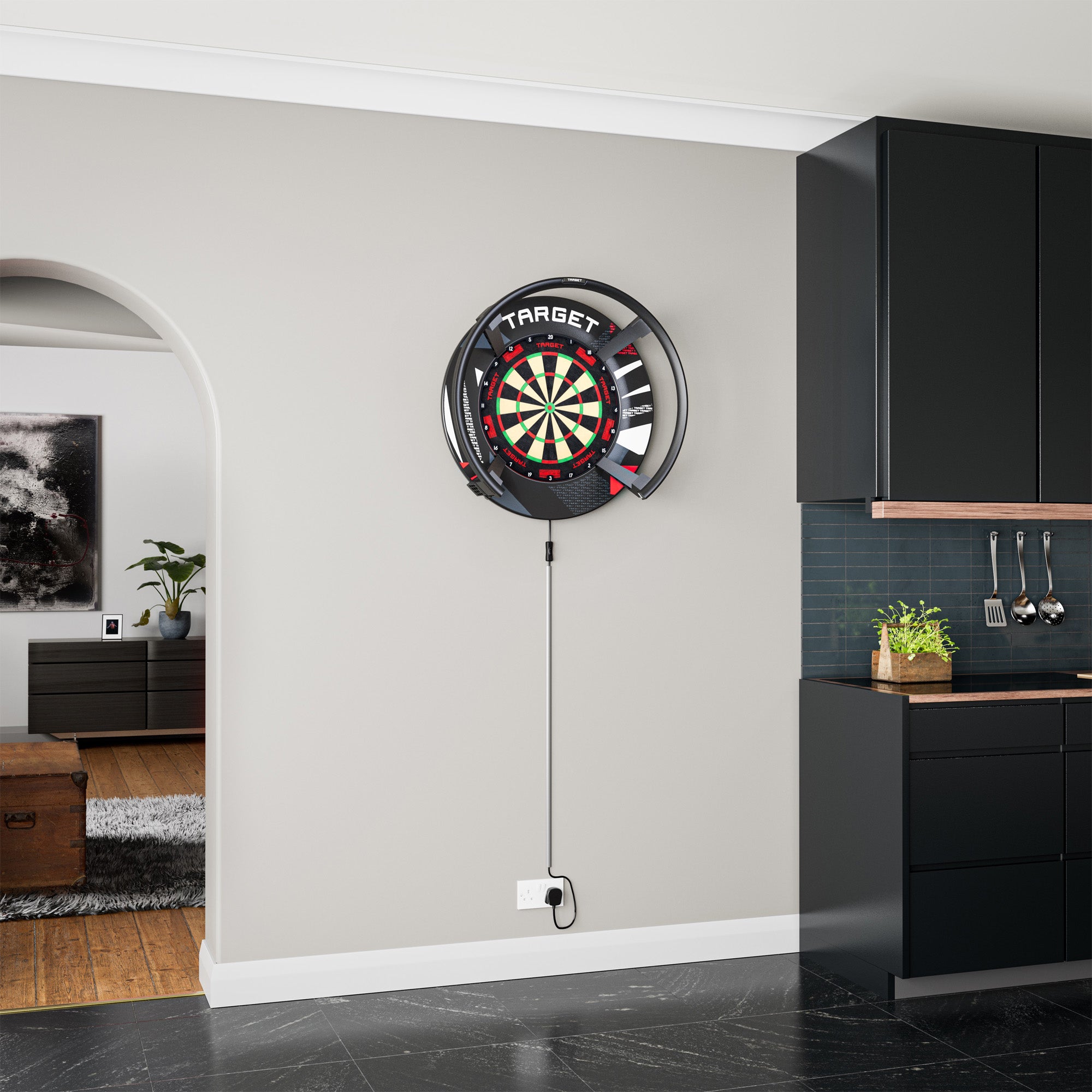 Target Black Patterned Notched Surrounds shown on a wall with the Target EVO dartboard and corona light system