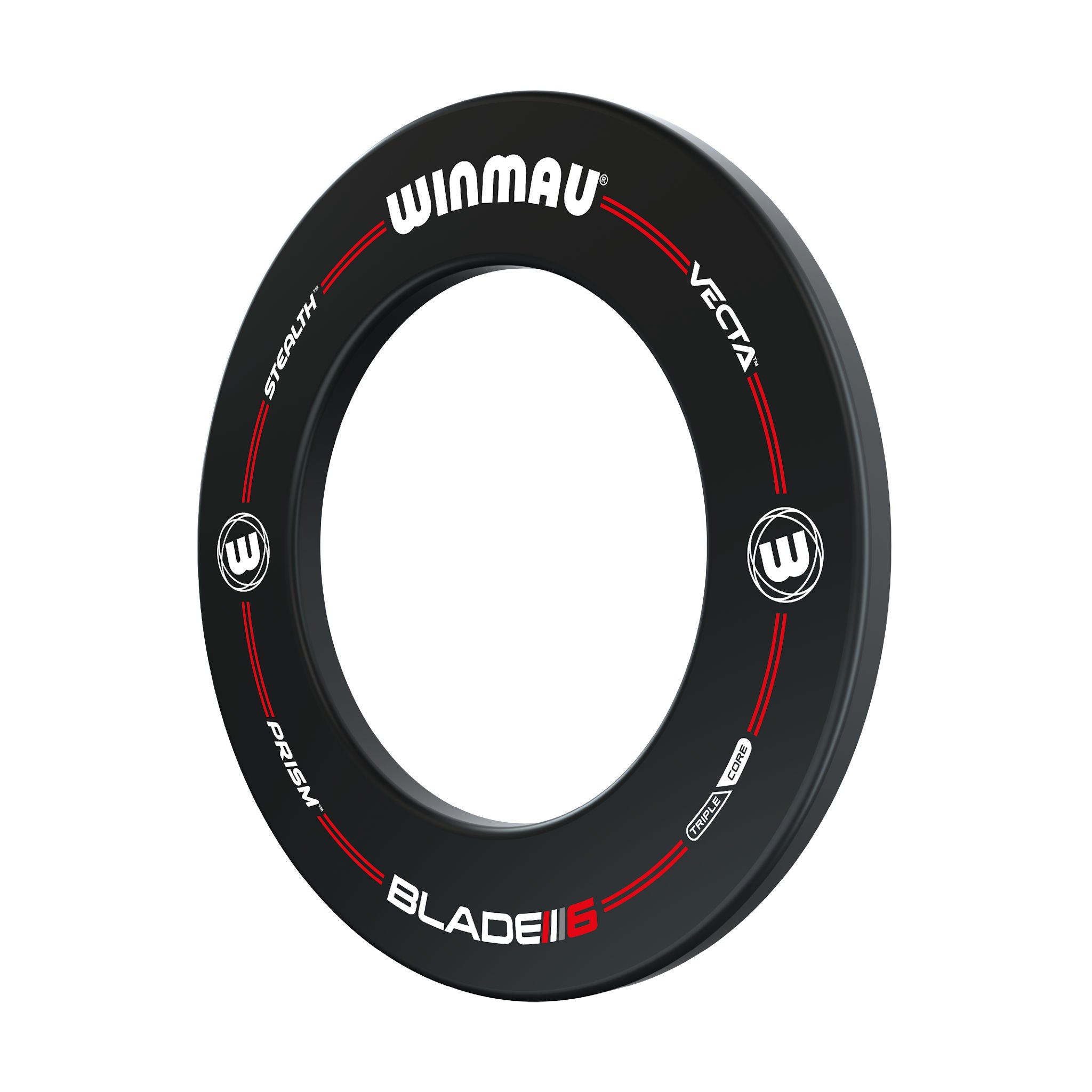 Winmau Pro-Line Black Surround side view with Winmau branding on a white background
