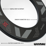 Close-up of Winmau Blade X Black Surround with measurements and branding on a white background
