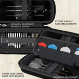Black dart case with compartments for darts and accessories on a beige background
