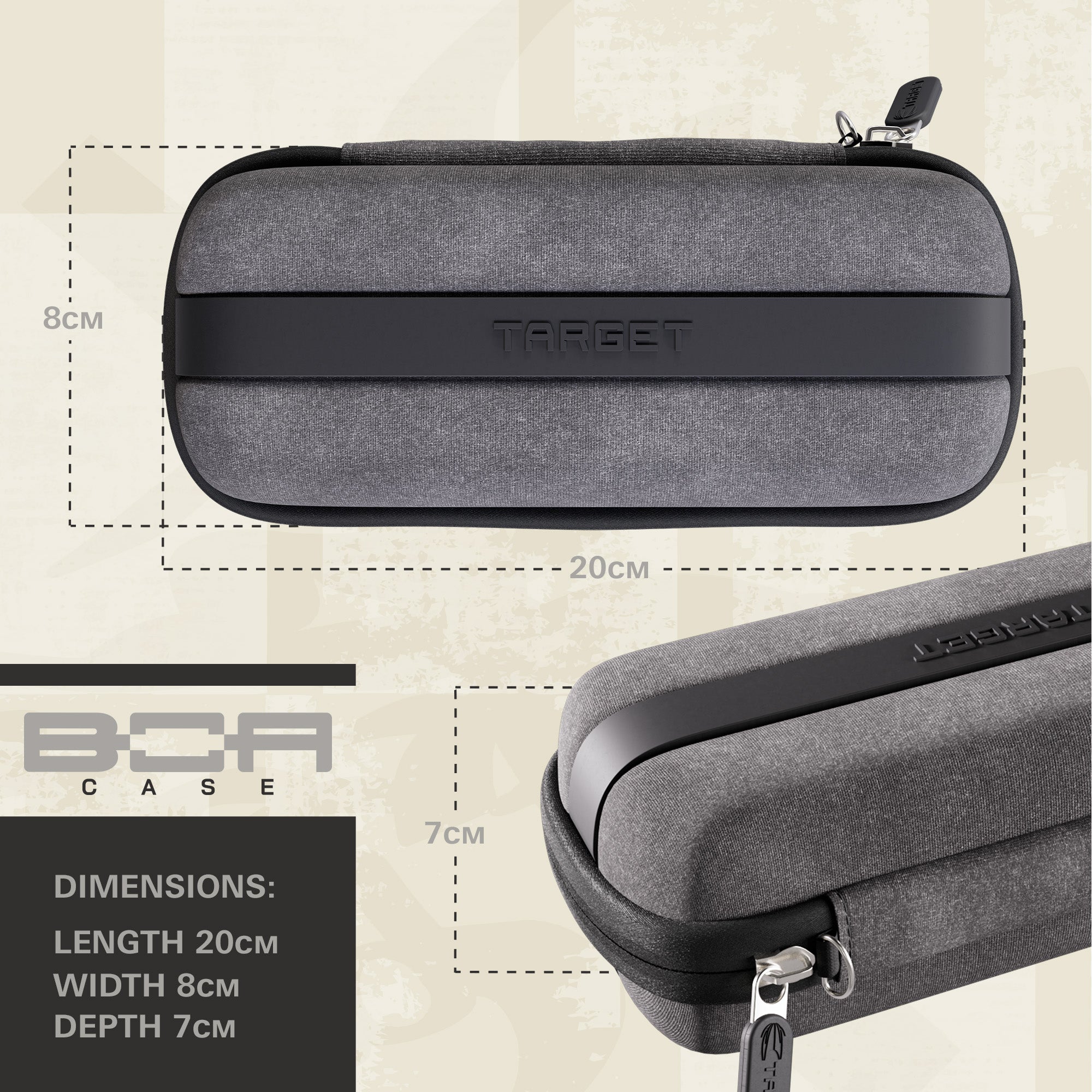 Gray case with 'TARGET' branding and dimensions on a beige background