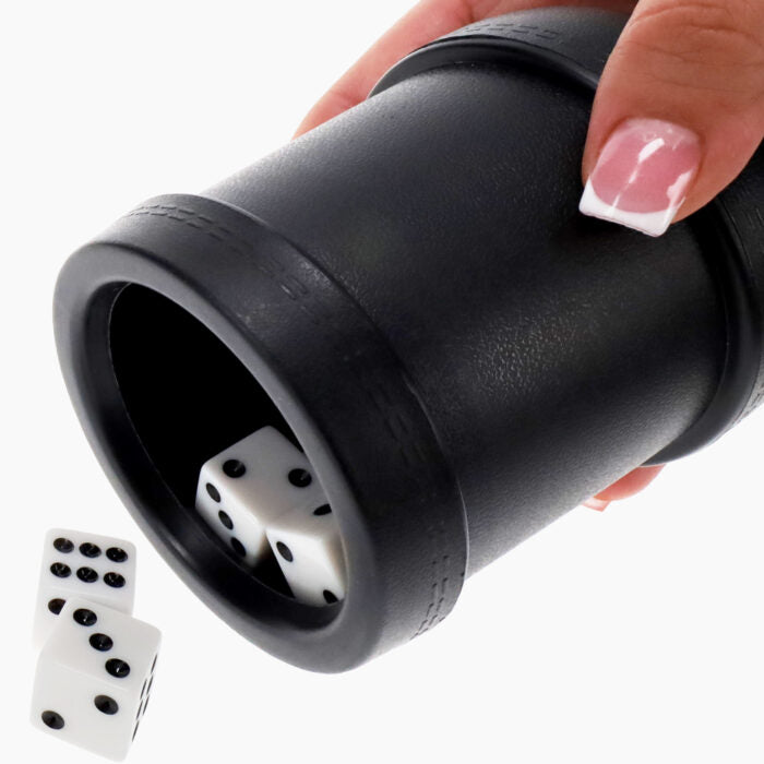 Liar's Dice + 10 Dice Games showing hand rolling dice out of the cup