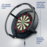 A Target Corona Vision 2 Light with a black surround and a large black ring light above it, shown on a light gray background with blue callout text explaining features like the 270-degree dartboard light and compatibility with LED vision surround.