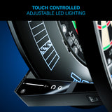 Close-up of Target Corona Vision 2 Light with illuminated interface controls and a dial, under the text 'TOUCH CONTROLLED ADJUSTABLE LED LIGHTING' on a dark blue background.