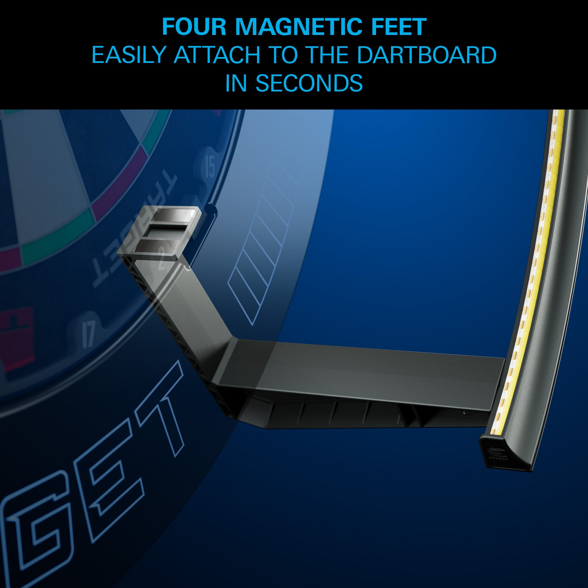A black magnetic dartboard accessory with four metallic feet and a side LED light strip, shown against a blue background with promotional text at the top.