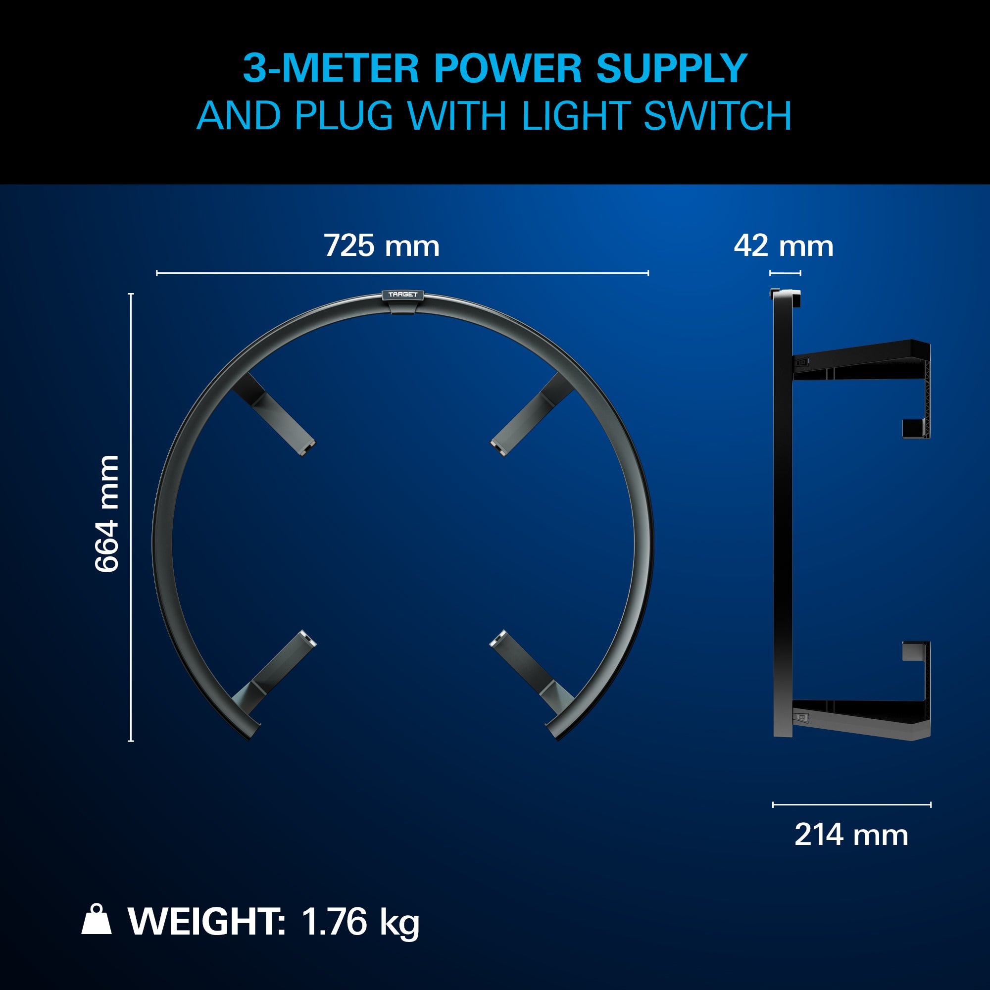 Technical product diagram of a 3-meter power supply and plug with light switch, showing top-down and side profile dimensions (725 mm, 664 mm, 42 mm, 214 mm), weight (1.76 kg), on a dark blue background.