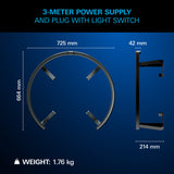 Technical product diagram of a 3-meter power supply and plug with light switch, showing top-down and side profile dimensions (725 mm, 664 mm, 42 mm, 214 mm), weight (1.76 kg), on a dark blue background.