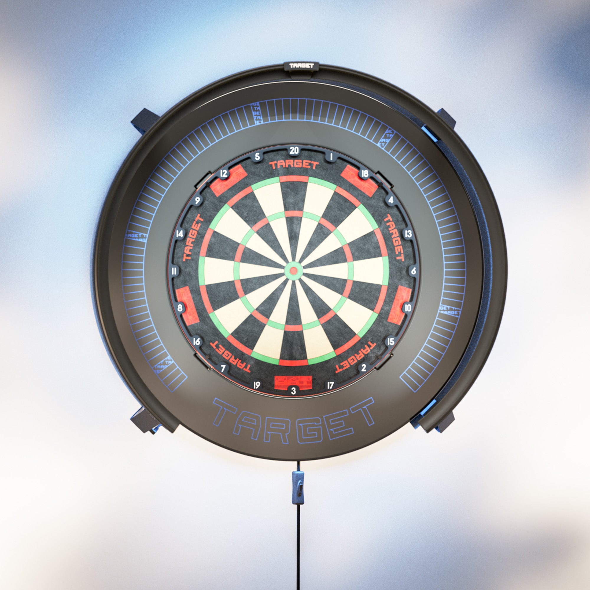 A circular Target dartboard with a black outer frame and a blue LED ring glow, shown against a soft, out-of-focus light blue and white background.