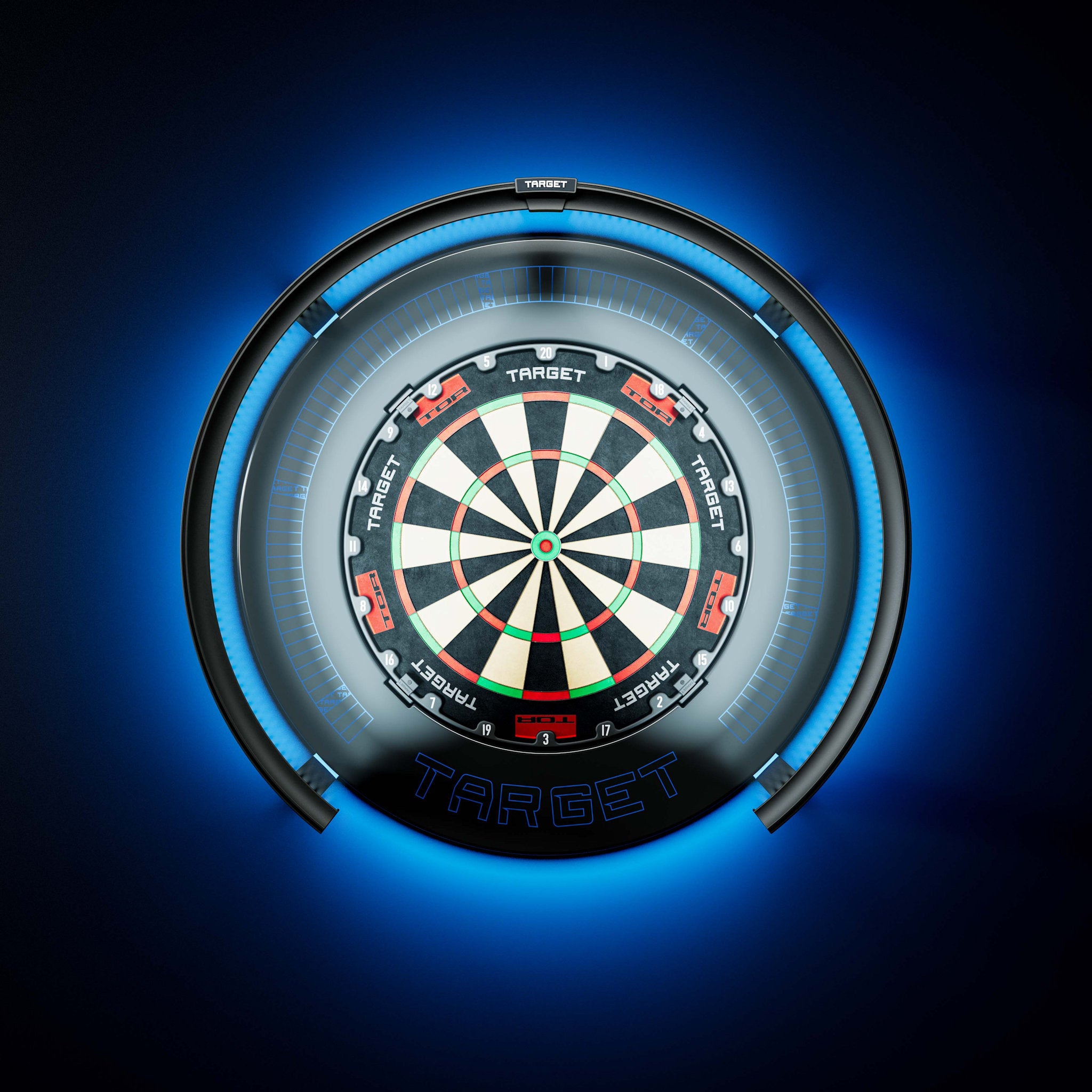 A Target Corona Vision 2 Light with a glowing blue surround and illuminated target face, centered on a dark blue background. The board has black, white, red, and green scoring sections with the brand name TARGET visible near the center and bottom.