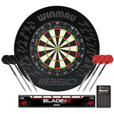 Winmau Blade 360 Surround Set showing Blade 360 dartboard, black 360 surround, 2 sets of tungsten darts, oche strip and checkout card on white background.
