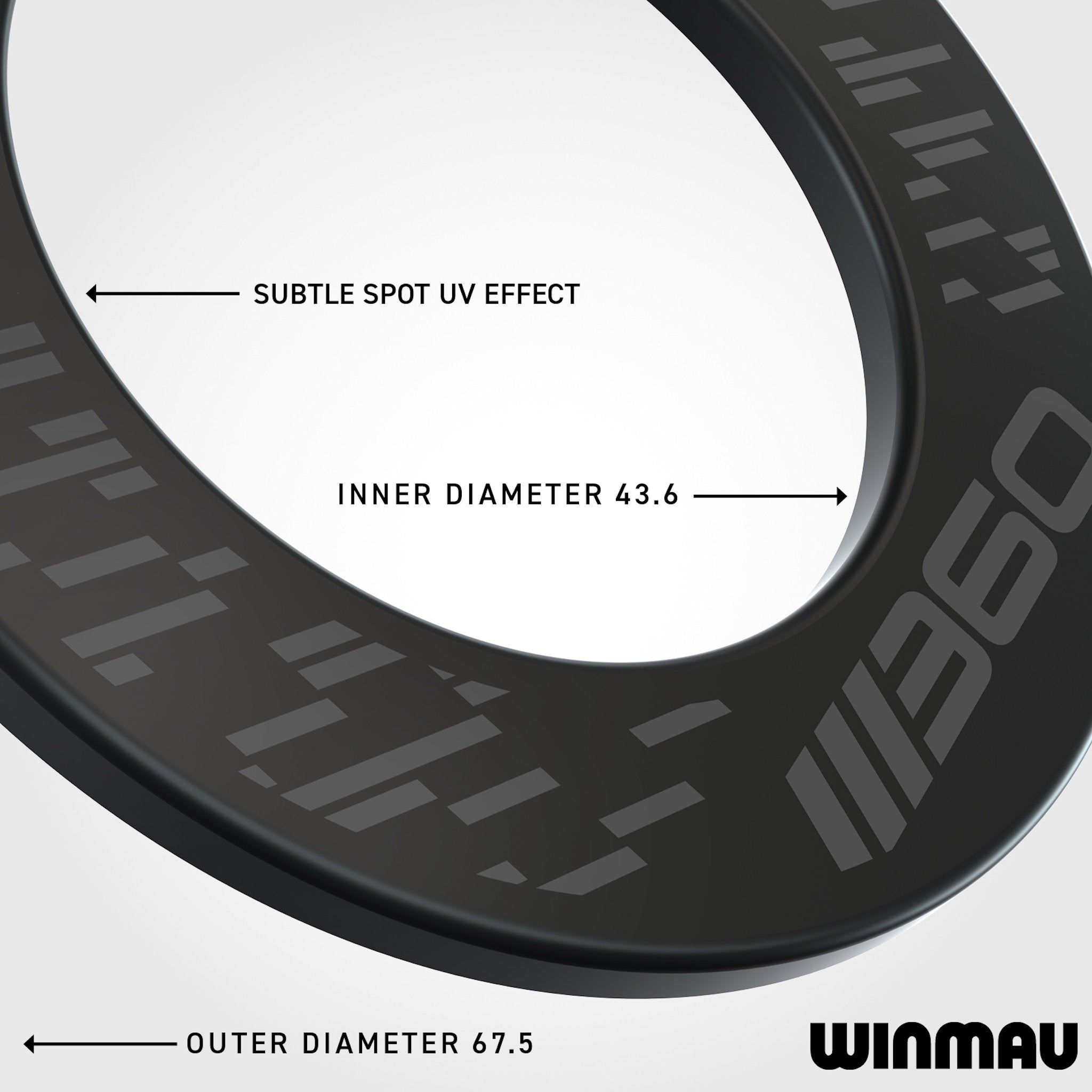 Close-up of a Winmau dartboard 360 surround with measurements and branding.