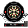 Winmau Blade 6 Triple Core dartboard, Pro-Line 1.0 black dartboard surround with darts and a dart accessories on a white background