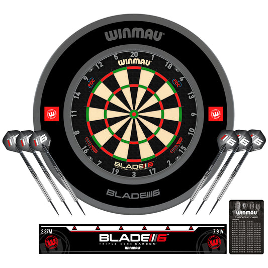 Winmau Blade 6 Triple Core dartboard, Pro-Line 1.0 black dartboard surround with darts and a dart accessories on a white background