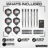 Winmau dart set with flights, 90% tungsten darts, and shafts on a white background