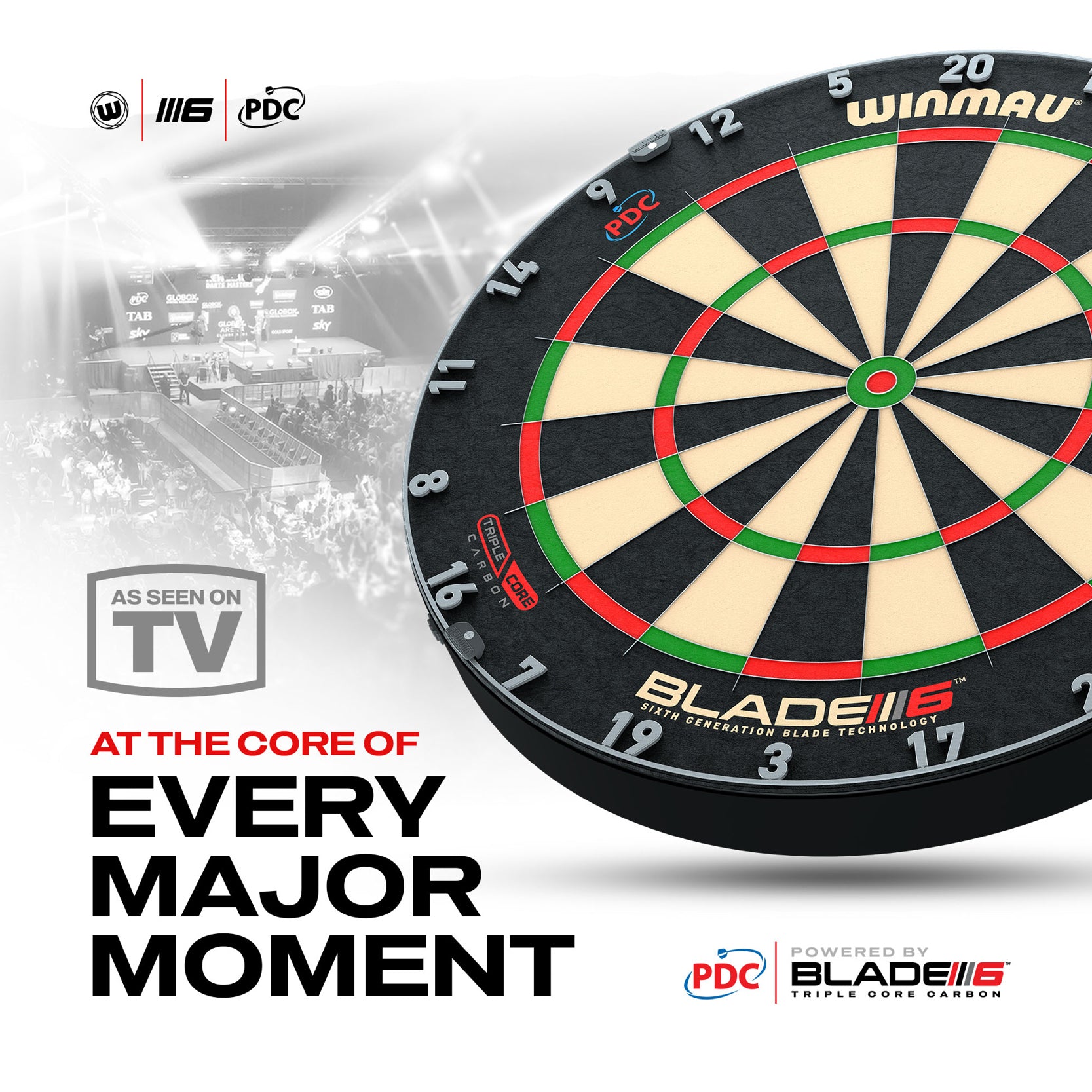 Winmau Blade 6 Triple core dartboard with PDC branding on a promotional graphic.