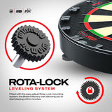 Dartboard with Rota-Lock leveling system on a white background