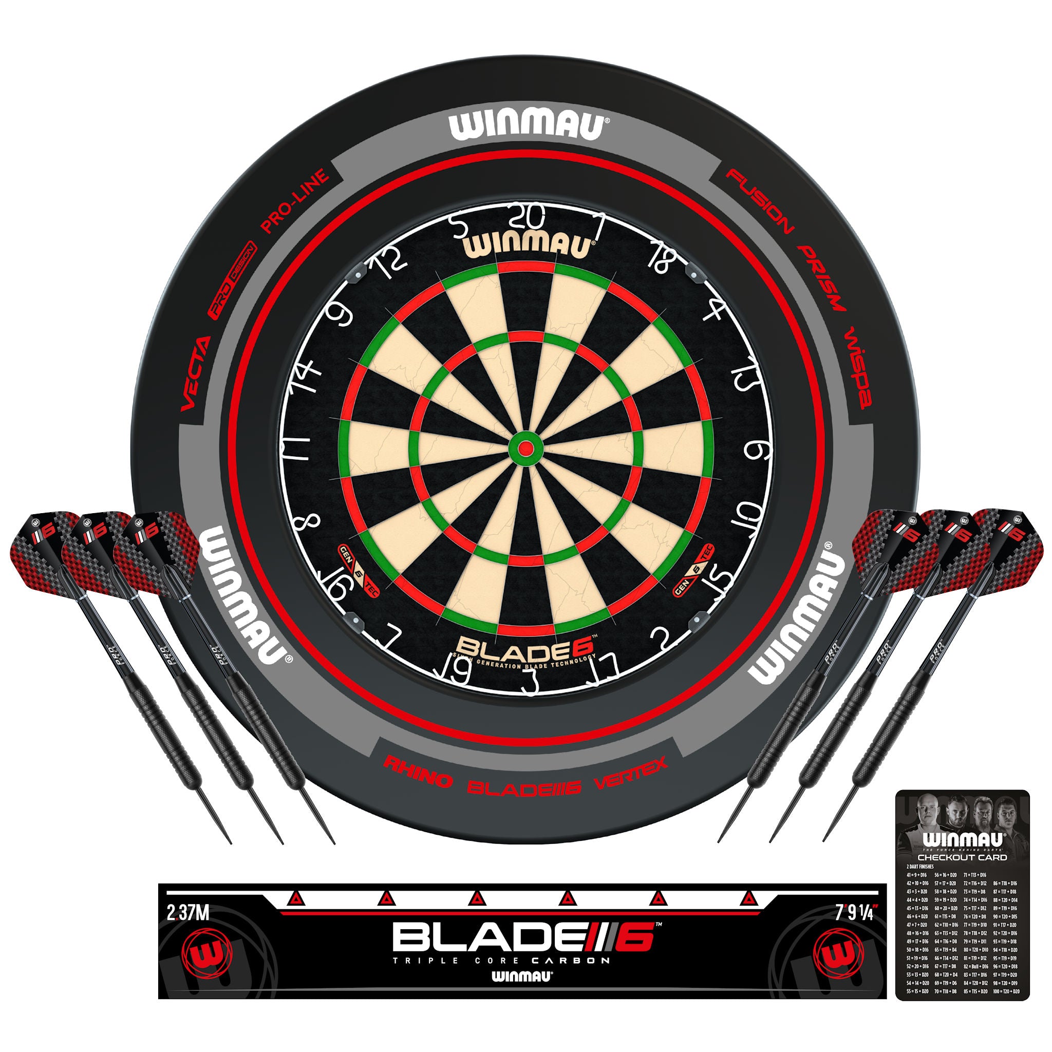 Winmau Blade 6 dartboard, surround with darts and accessories on a white background