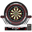 Winmau Blade 6 dartboard, surround with darts and accessories on a white background
