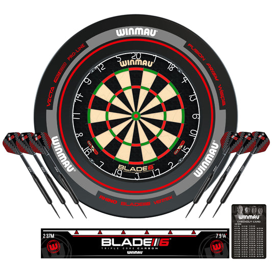 Winmau Blade 6 dartboard, surround with darts and accessories on a white background