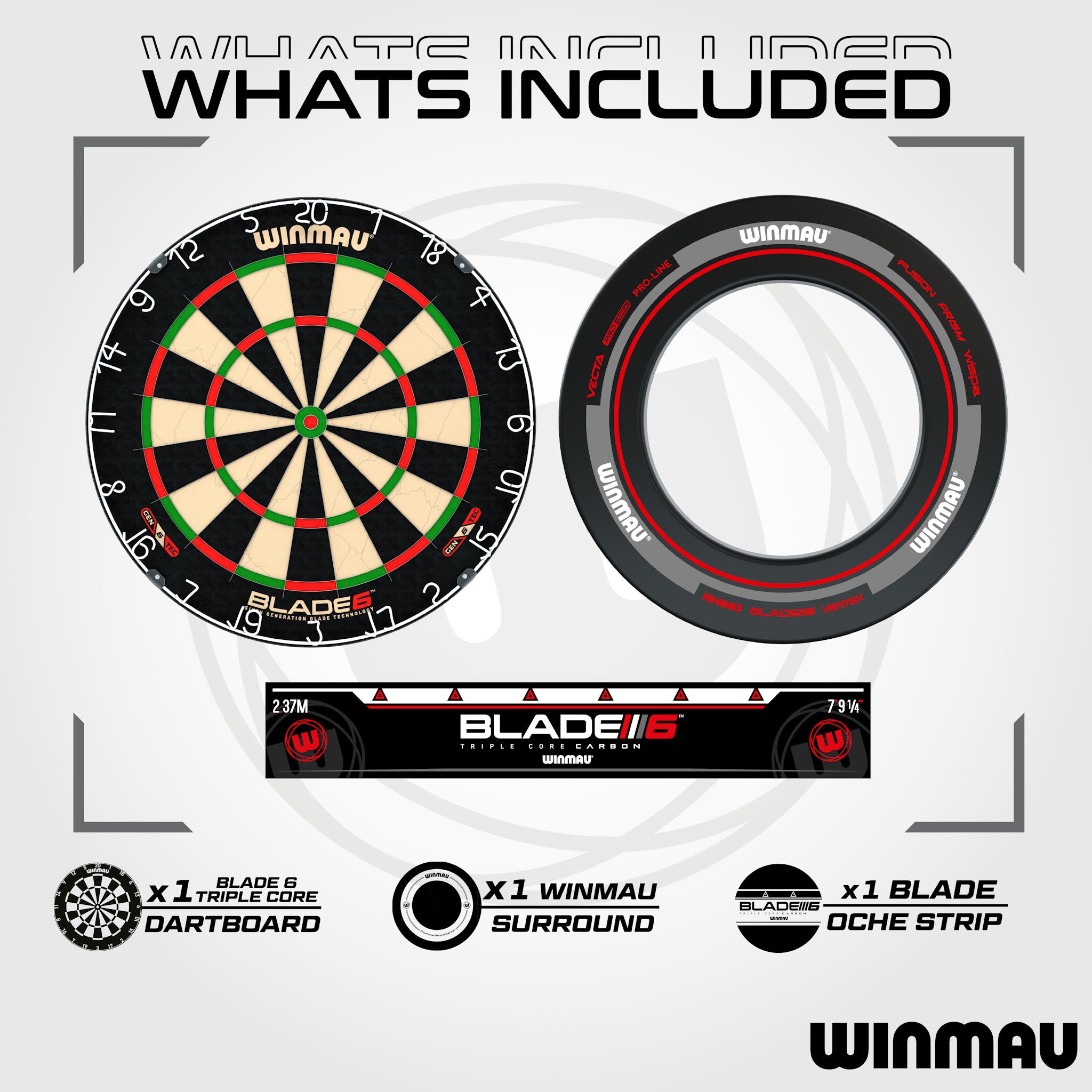 Winmau Blade 6 dartboard set with components on a white background