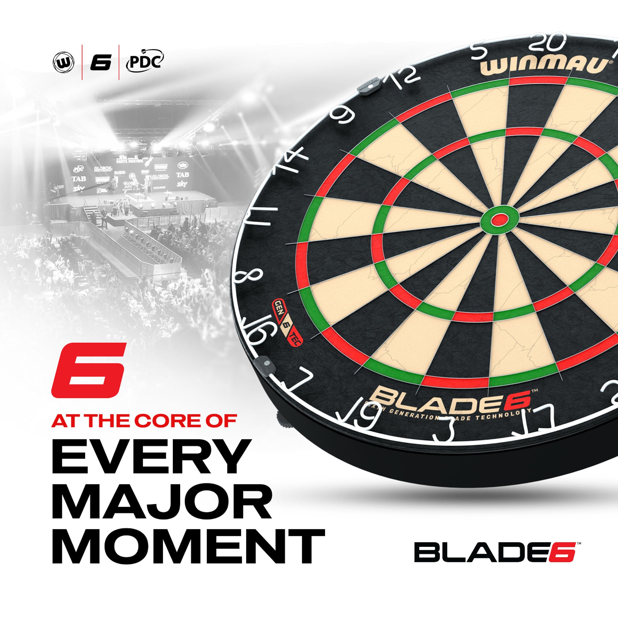 Dartboard with 'Blade 6' branding on a white background