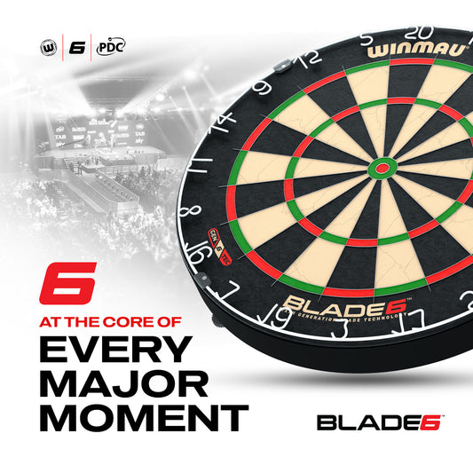 Dartboard with 'Blade 6' branding on a white background