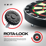 Dartboard with Rota-Lock leveling system on a gray background