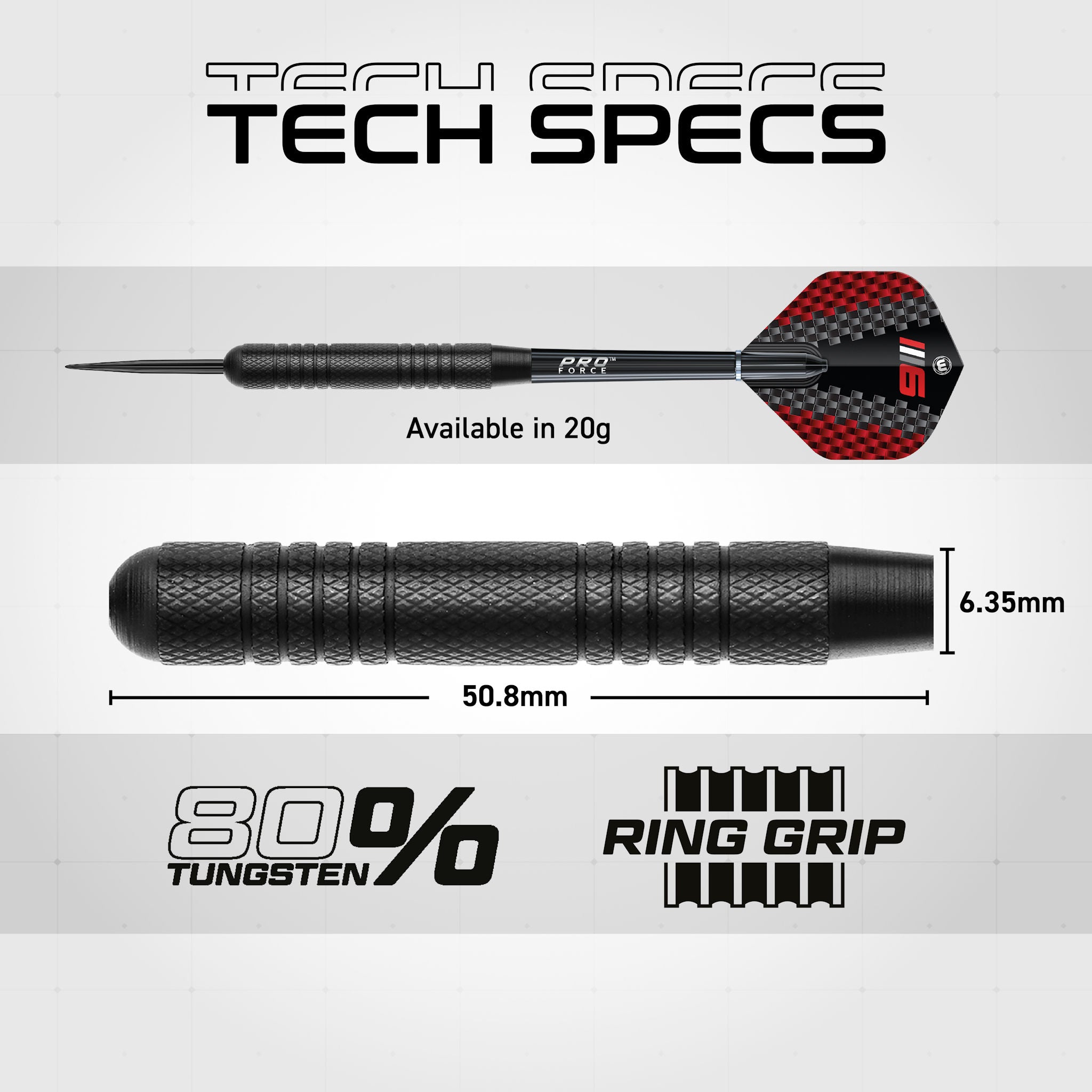 Technical specifications of a dart on a gray background