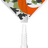 Close-up of a dart with a camouflage pattern on the front and white shaft.
