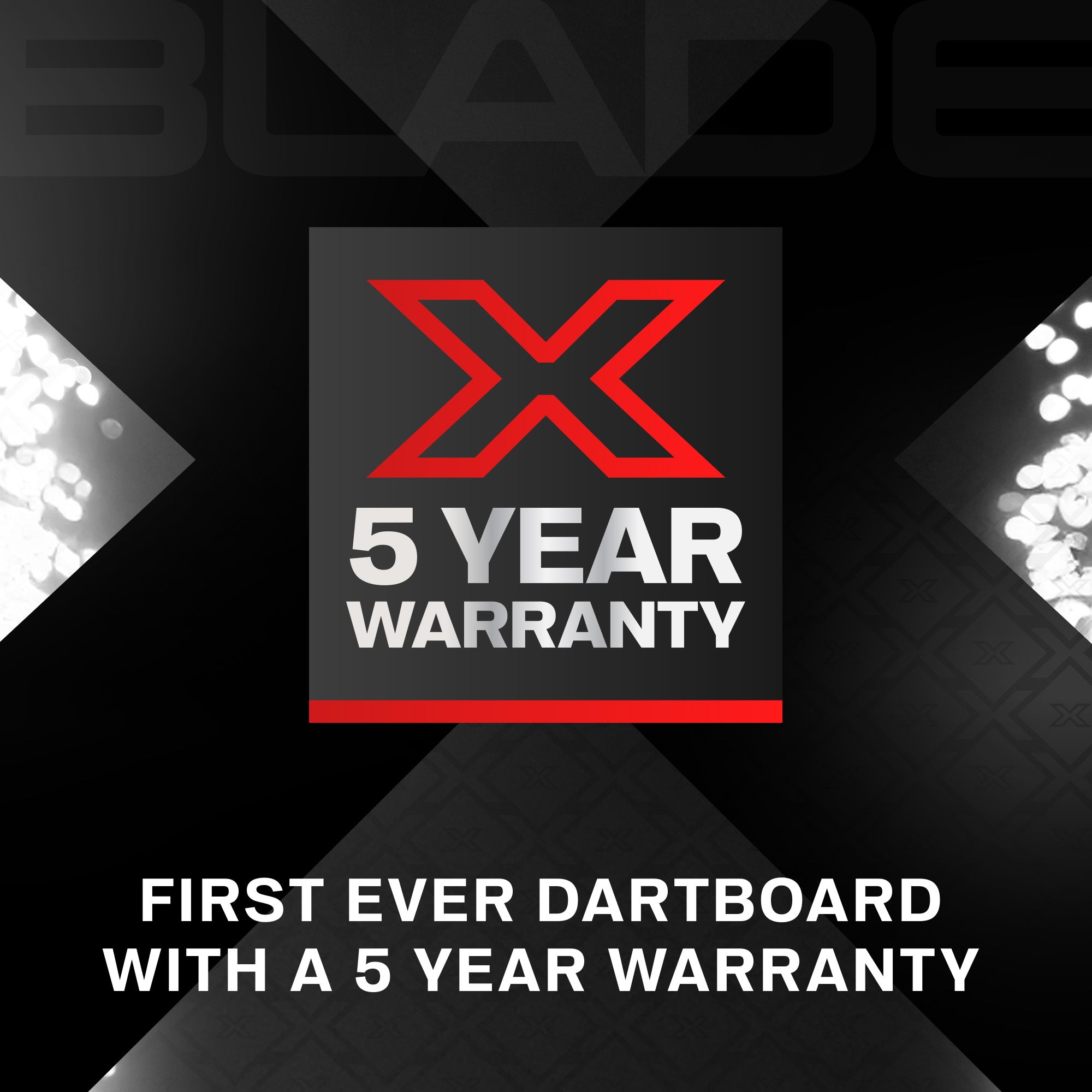 Winmau Blade X dartboard 5 year warranty on black background